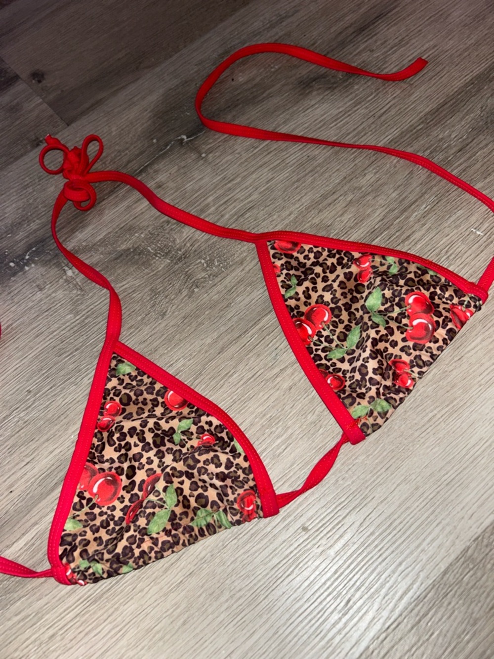 Y2K Red Trim Leopard & Cherry Triangle mini Bikini Top